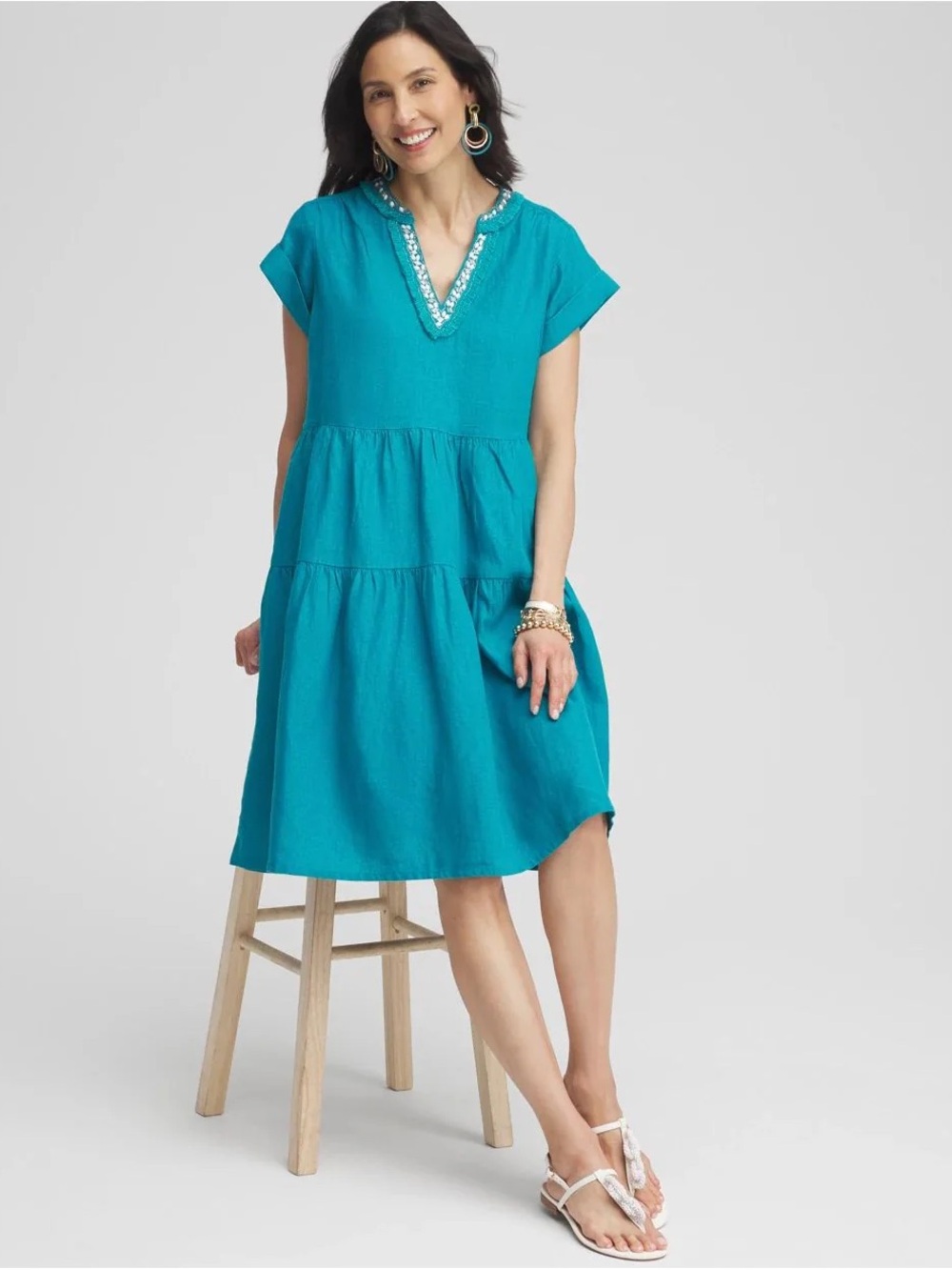 Chico’s Linen Dress Embellished Cap Sleeve